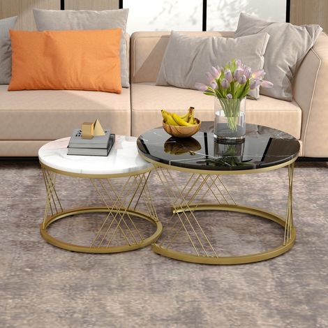 Couchtisch Set 2-teilig rund mit Marmormuster MDF OKMYHOME (1/5)