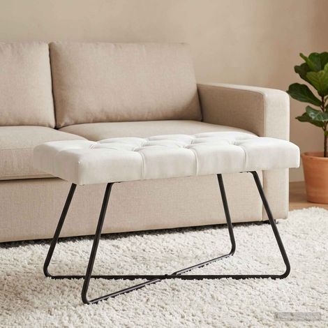 Banc capitonné à boutons en tissu blanc avec pieds en métal 80 x 40 x 46 cm - PANGIVO (1/5)