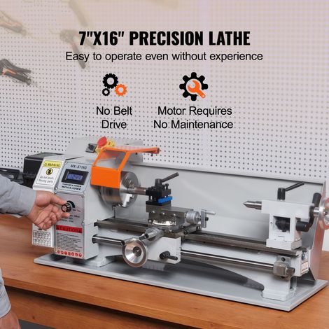 Petit tour metal établi 800W précis 17.8x40.7 cm, vitesse var. 150-2500 tr/min, mandrin 3 mors 9.9 cm + coffret outils usinage pièces (1/5)