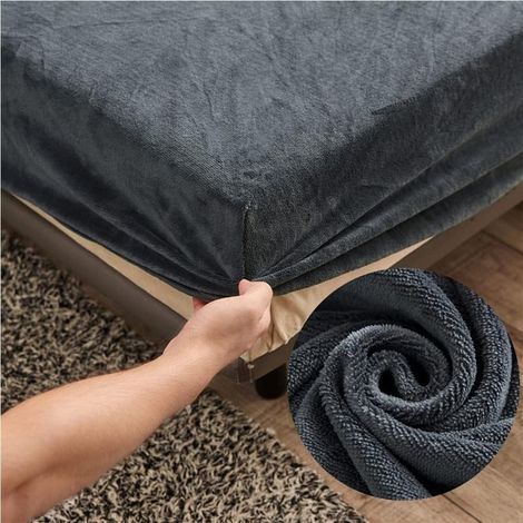 Drap-housse 90 x 200 cm avec bordure polaire 30 cm, drap-housse en velours gris foncé pour enfant – drap-housse épais pour matelas 1 personne, en flanelle brossée avec bord élastiqué (1/5)