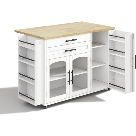 Îlot de cuisine mobile avec plan de travail rabattable, chariot de cuisine, 5 roulettes, plusieurs solutions de rangement, porte-épices, tiroir à couverts, 120 x 45 (70) x 90 cm