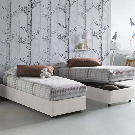 Dmora - Cama individual Dmorier, Cama contenedor con revestimiento de tela, 100% Made in Italy, Apertura frontal, con colchón Cm 90x200 incluido, Blanco (1/5)