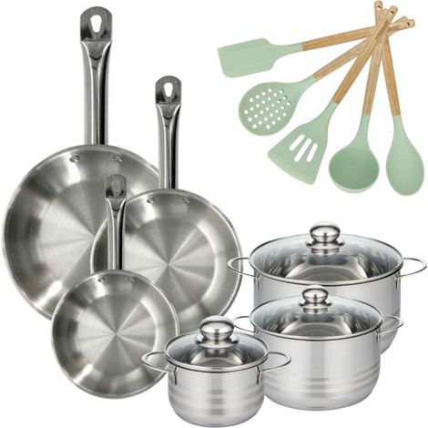 Lot de 3 Poêles 20/24/28cm et 3 Faitouts 16/20/24cm Fackelmann Etherna avec 5 ustensiles (1/5)