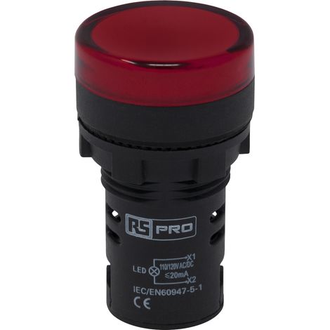 Voyant lumineux LED RS PRO Rouge 110 V c.a., Ø découpe 22mm, Montage panneau, IP65 ( Prix pour 1 ) (1/4)