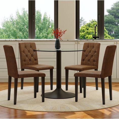 Tisch- und 4-Stuhl-Set, runder Glastisch 85 cm, Braun und Schwarz HAVRYA (1/5)