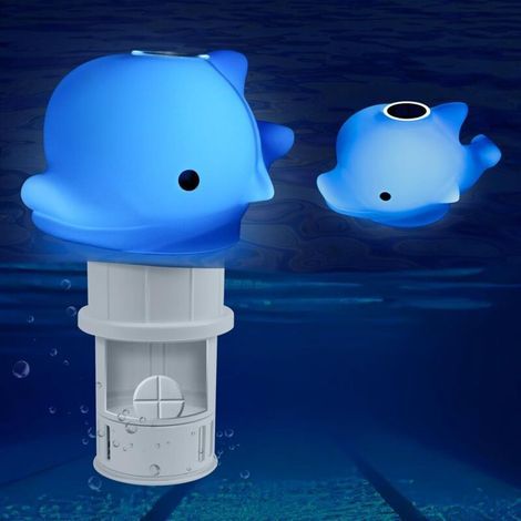 Flotteur Piscine Chlore Solaire, Dauphin de 24 cm avec lumière. Diffuseur pour pastilles 7,5 cm, éclairage Nocturne Automatique et Jacuzzi. Bleu dauphin - (1/5)