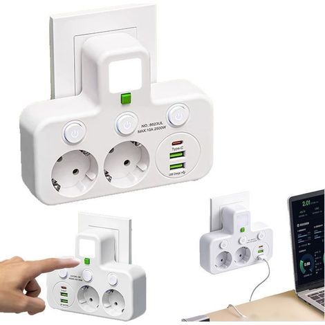 Multiprise Murale avec Interrupteurs Individuels 2 Prises EU + 3 Ports USB (2X USB A + 1x Type C), Conception Polyvalente et Sécurisée pour la Maison (White,2Prises) (1/5)