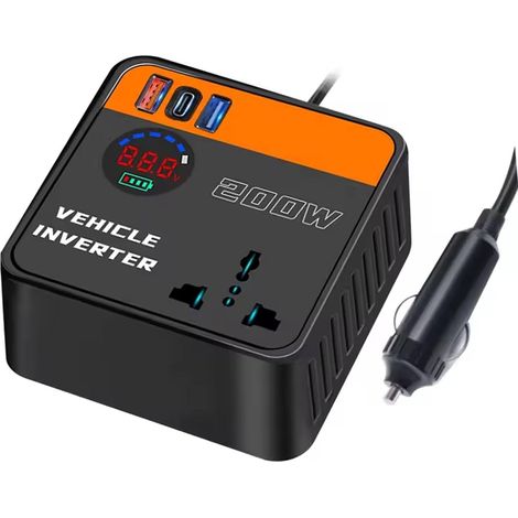 Convertisseur de puissance de véhicule 200 W avec 2 ports USB et type C pour une charge rapide de 12 V 24 V à 110 V 220 V de sortie (1/5)