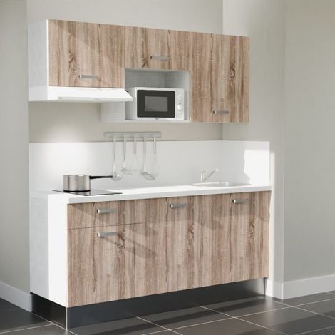 Kochnischen K30L-PT - 180 cm - Laminatplan, spüle Edelstahl, - Holzfront - weiße Laminatplatte - Kredenzen ja + Haushaltsgeräte weiß