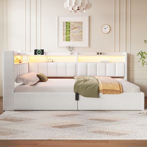 Lit banquette coffre 140 x 200 cm, rangement hydraulique, module latéral réversible, LED et port USB, sans matelas, velours, beige (1/5)