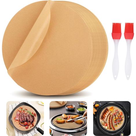 Lot de 100 feuilles de papier sulfurisé rond de 30 cm avec 2 pinceaux à pâtisserie, résistants à la chaleur, anti-adhésif, pour friteuse à air chaud, four, barbecue, poêle à frire (1/5)