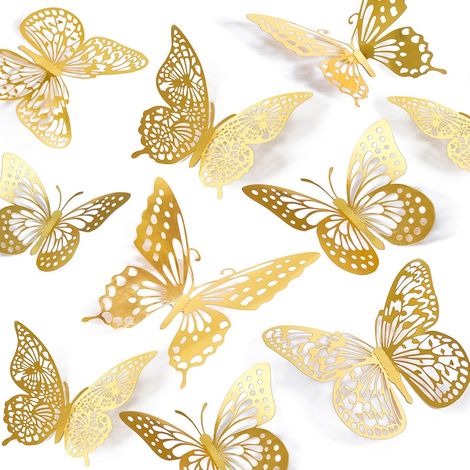 Décorations murales papillons 3D dorés – lot de 48