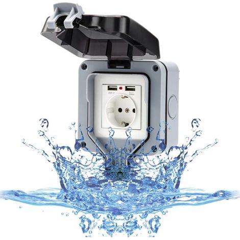 Prise murale extérieure avec prise USB pour l'extérieur, prise étanche IP66, prise de jardin, montage en saillie, contact de protection pour pièces humides, extérieur avec clapet-LIAIKI (1/5)