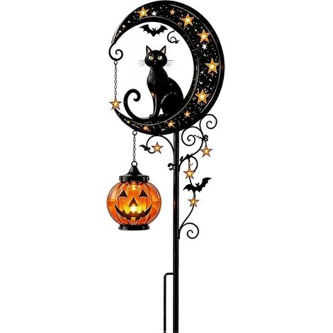 Lampe solaire à piquer jardin Chat noir Halloween + Lampe solaire à piquer jardin Lune citrouille Style B (1/5)