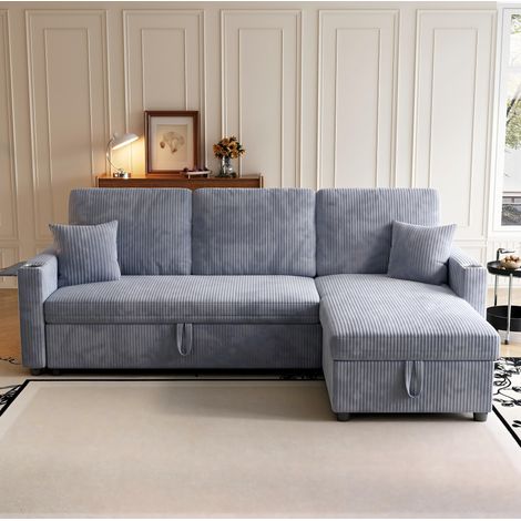 Sofá cama esquinero 207,5x142x84,5 cm de pana gris con almacenaje – MEUBLIV (1/5)