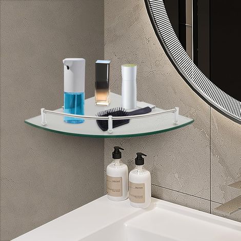 Bathroom Triangular Glass Shelf Wall Mount Glass Corner Shower Shelf, Tempered Glass Corner Shelf for Bathroom Storage, Safety-Focused Rounded Corners, Ideal for Toiletries (1/5)