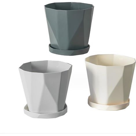 Set mit 3 Kunststoff-Blumentöpfen (12,5 cm Durchmesser) mit Abflusslöchern und Untersetzern. Geeignet für Innen- und Außenbereiche (kleine Größe).