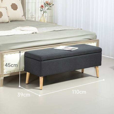 Banque rembourrée avec rangement, coffre banquette aspect lin, bois d'hévéa, 110 x 39 x 45 cm, gris foncé (1/5)