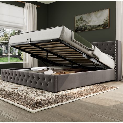 Cama doble Chesterfield 180x200 cm de terciopelo gris con cabecero alto capitoné y arcón hidráulico (1/5)