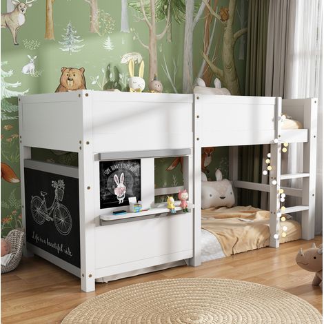 CHICFURN Cama alta infantil 90x200 cm de madera blanca, zona de juego, con pizarra, sin colchón (1/5)