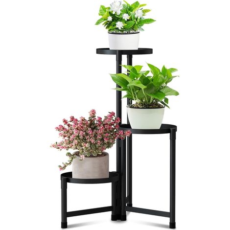 3 supports pour plantes, étagères d'angle métal noir à 3 niveaux, hauteur 70 cm, diamètre plateau 19 cm, usage intérieur/extérieur (1/5)