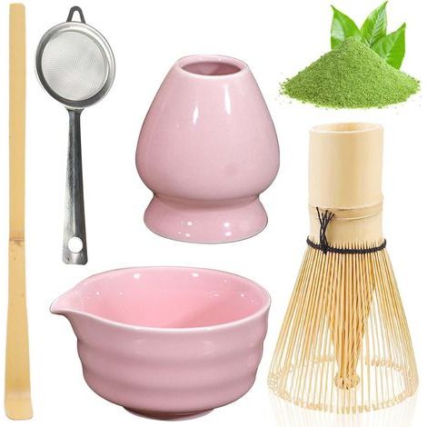 Ensemble matcha rose – bol en céramique, passoire, support et fouet japonais (1/5)