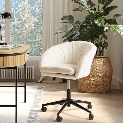 MINA - Chaise de bureau à roulettes en tissu écru dossier arrondi