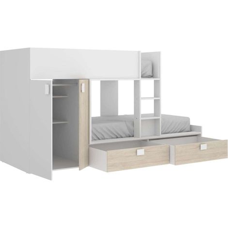 Conjunto juvenil cama tren modelo Marina en blanco-natural, 150cm(alto) 275cm(ancho) 108cm(largo)