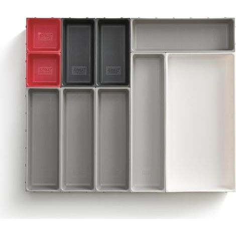 Organizador modular para cajones Joseph Joseph Duo, 10 piezas, ideal para utensilios de cocina, papelería y herramientas, diseño personalizado y compacto, color gris/rojo.