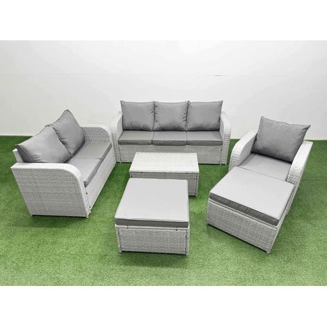 Fimous Patio PE Wicker 8 Seater Outdoor Rattan Furniture Sofa Sets with Rectangular Coffee Table Reclining Chair Loveseat Sofa 3 Seater Sofa 2 Big Footstools Light Grey (1/4)