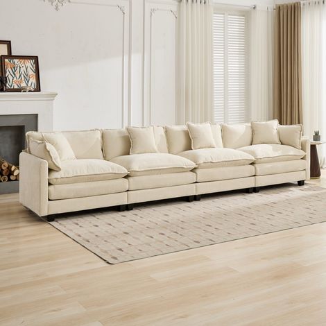Divano modulare 4 posti 380x75x84 cm in tessuto ciniglia beige FloraGrace (1/5)