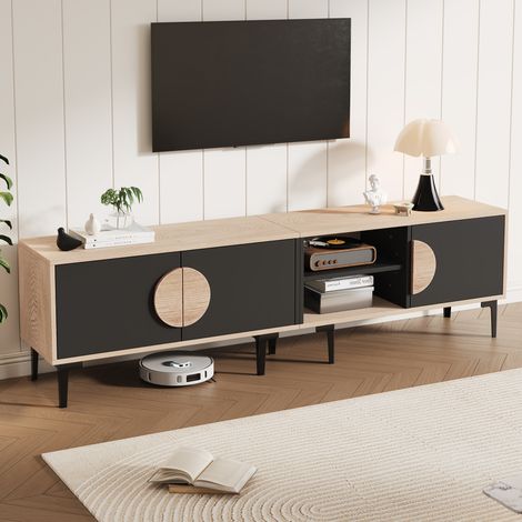 Meuble TV bas 1803549 cm, support TV pour le salon, meuble TV avec 2 armoires, meuble TV avec compartiments de rangement ouverts, couleur bois + noir, adapté aux téléviseurs 80 pouces (1/5)