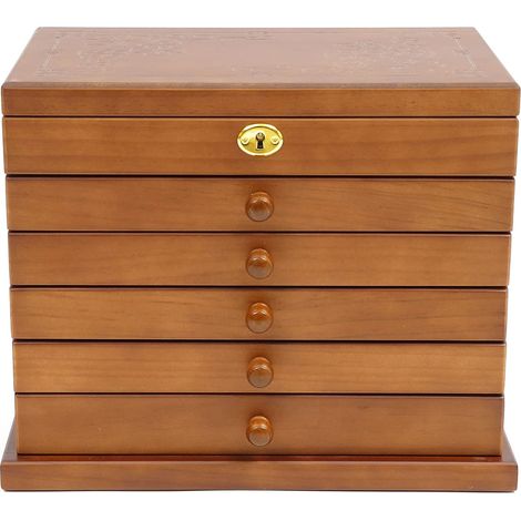 Gojoy – Boîte à bijoux en bois marron 6 niveaux avec miroir et serrure – 5 tiroirs doublés velours – Dimensions 31,5 x 20 x 25 cm