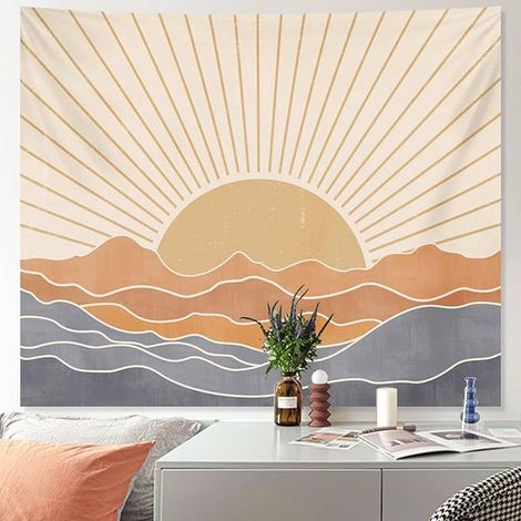 BEBUSINGOTO Tapisserie esthétique pour chambre à coucher, bohème rétro années 70, tapisserie arc-en-ciel pour salon, tapisserie murale vintage hippie coucher de soleil sur la mer (100 x 150 cm) (1/4)