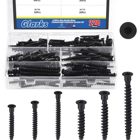 220pcs M5 x 35/40/50mm M7 x 40/50/70mm Kit de vis noire de confirmation, Vide auto-robinage à prise hexagonale en acier au carbone, Vides de meubles à prise hexagonale pour cabinet, Chaises (1/5)