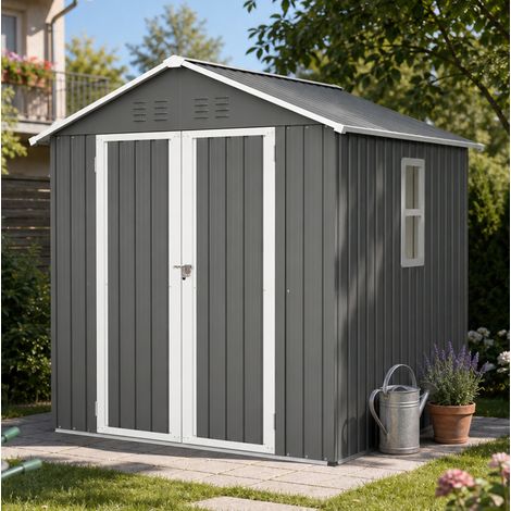 MODFU – Casetas de jardín de metal 184,8x182x191,1 cm con ventana, aireaciones, cerradura, techo inclinado y antióxido – Gris (1/5)