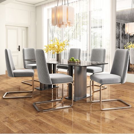 Set di 6 sedie da sala da pranzo in velluto grigio con schienale trapuntato a diamante e gambe in metallo argentato (1/5)