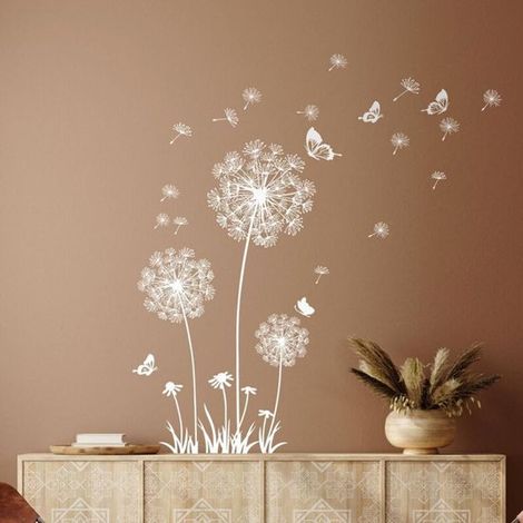 Adhesivos de pared removibles con diseños de dientes de león，flores blancas y mariposas，ideales para salas de estar