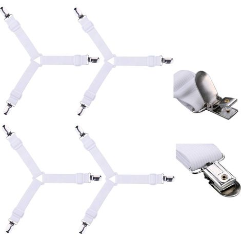 Juego de 4 correas elásticas ajustables con soporte triangular, ideales para sábanas, cojines de sofá, colchones, manteles y tablas de planchar - Blanco (1/5)