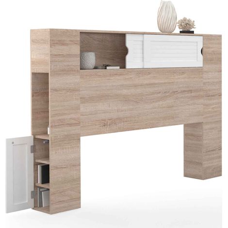 Idmarket – Tête de lit SALEM 145 cm – Rangements fermés et niches bois et blanc – Dimensions 145x20x105 cm – Adaptable aux lits 140 cm