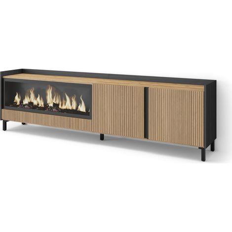Skraut Home - Mueble TV, Televisión, Muebles de salón, almacenaje, 212x35x61cm, Para TV hasta 80", Chimenea eléctrica XXL, Diseño industrial, Estilo Moderno, Roble y negro (1/5)
