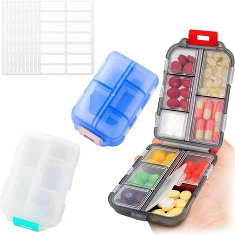 Boîte à pilules avec 10 compartiments et étiquettes - Boîte de stockage de médicaments de voyage étanche et résistante à l'humidité, boîte de classification des médicaments, 3 paquets (1/5)