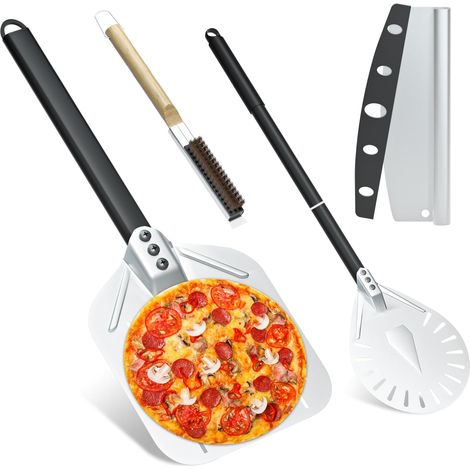 4PCS Accessoires pour four à pizza, Pelle a pizza perforée de 30 cm, Peau à pizza en aluminium de 83cm avec un long manche, Outil de nettoyage de la pierre du four (1/5)