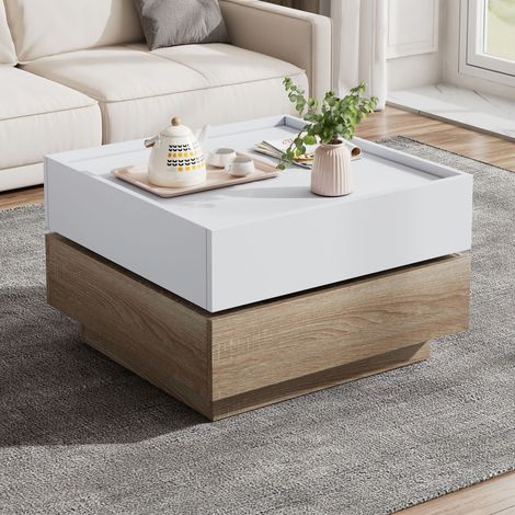 Table basse pivotante 360° - Plateau 2 niveaux et rangement intégré - Cadre noyer et finition blanc - Dimensions 60x60x38cm (1/5)