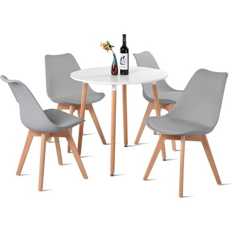Esstisch-Set mit 4 Stühlen, skandinavisch, rund, Holz, Weiß + Grau (1/5)