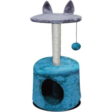 Arbre pour chat - JUANIO - Griffoir bleu Ø35 x H56 cm - Poteau sisal - Plateforme et niche (1/3)