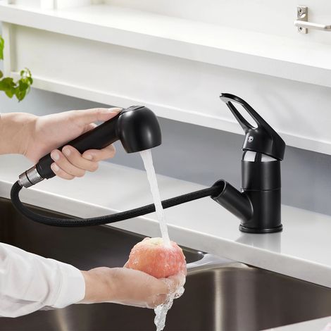 Oraymin – Mitigeur Cuisine Noir avec Douchette Extractible 2 Jets - Robinet d'Évier Pivotant 360° en Laiton - Mitigeur Évier Haute Pression Moderne, Flexibles Inclus
