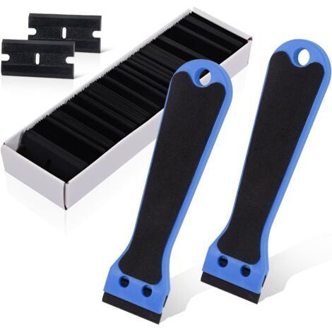 2 Pack Blue Plastic Scrapers with 100 Spatulas, Long Handle Scrapers, for Removing Labels, Glue, Paint, Stickers and Decals. (1/5)