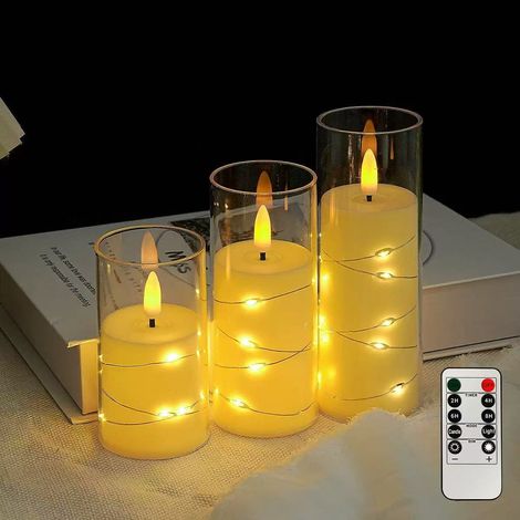 (lot de 3)Guirlande de bougies LED à flamme vacillante,avec télécommande,diamètre 5,5 cm,hauteurs respectives 10/12,5/15 cm. (1/5)
