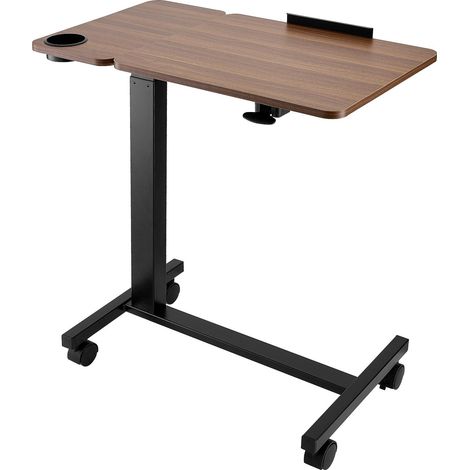 Table de lit mobile, plateau rabattable, 4 roulettes, hauteur et inclinaison réglables, porte-gobelet, bureau portable en bois et noir pour maison, bureau, étude. (1/5)